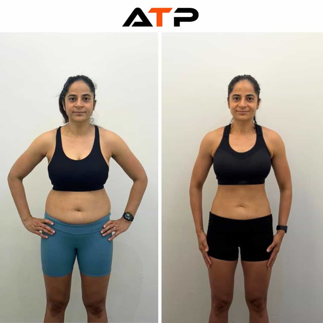 Deep before and after her body transformation with ATP Personal Training Singapore