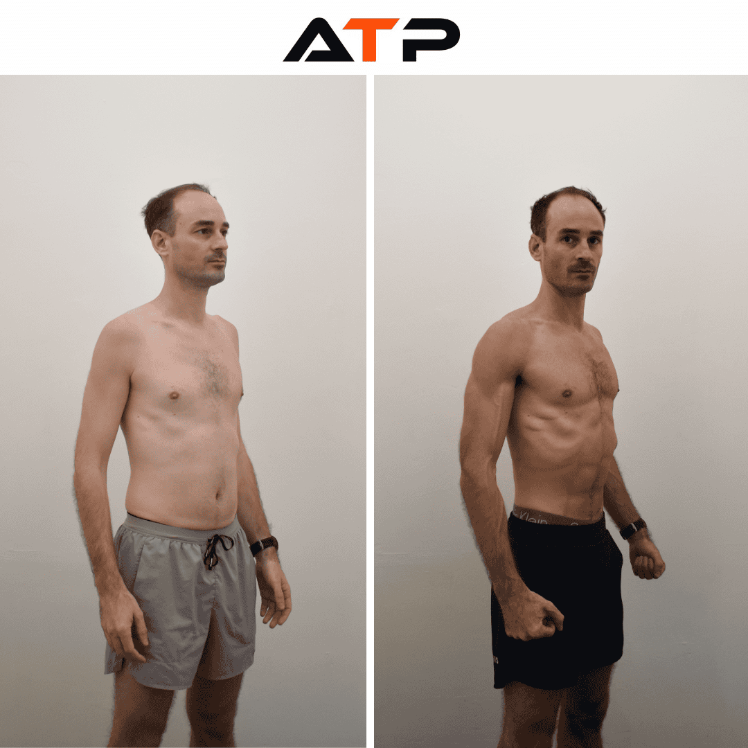Fabrice before and after transformation, side angle, at ATP Personal Training Singapore