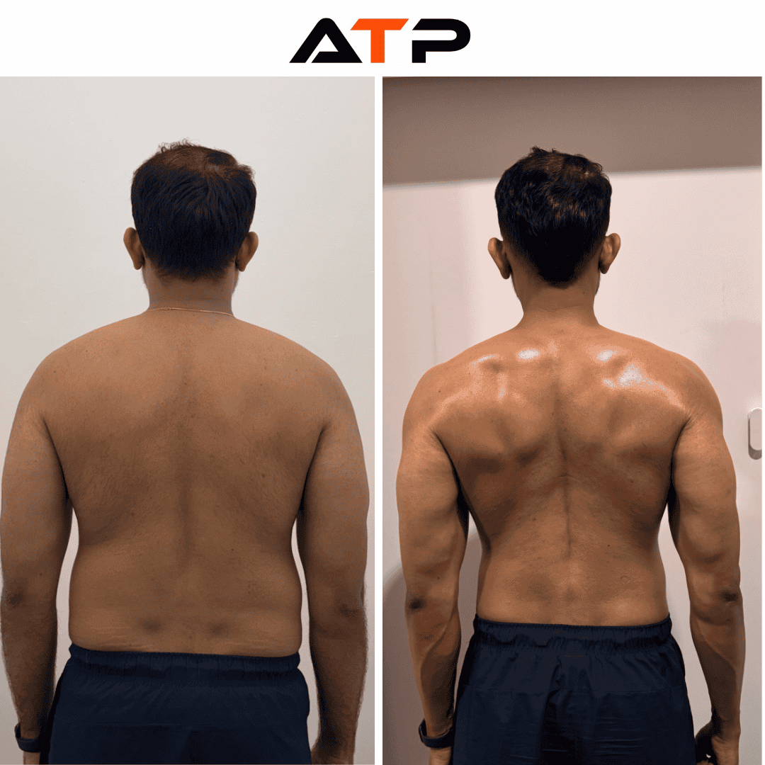 Kumanan before and after transformation, back view, at ATP Personal Training Singapore