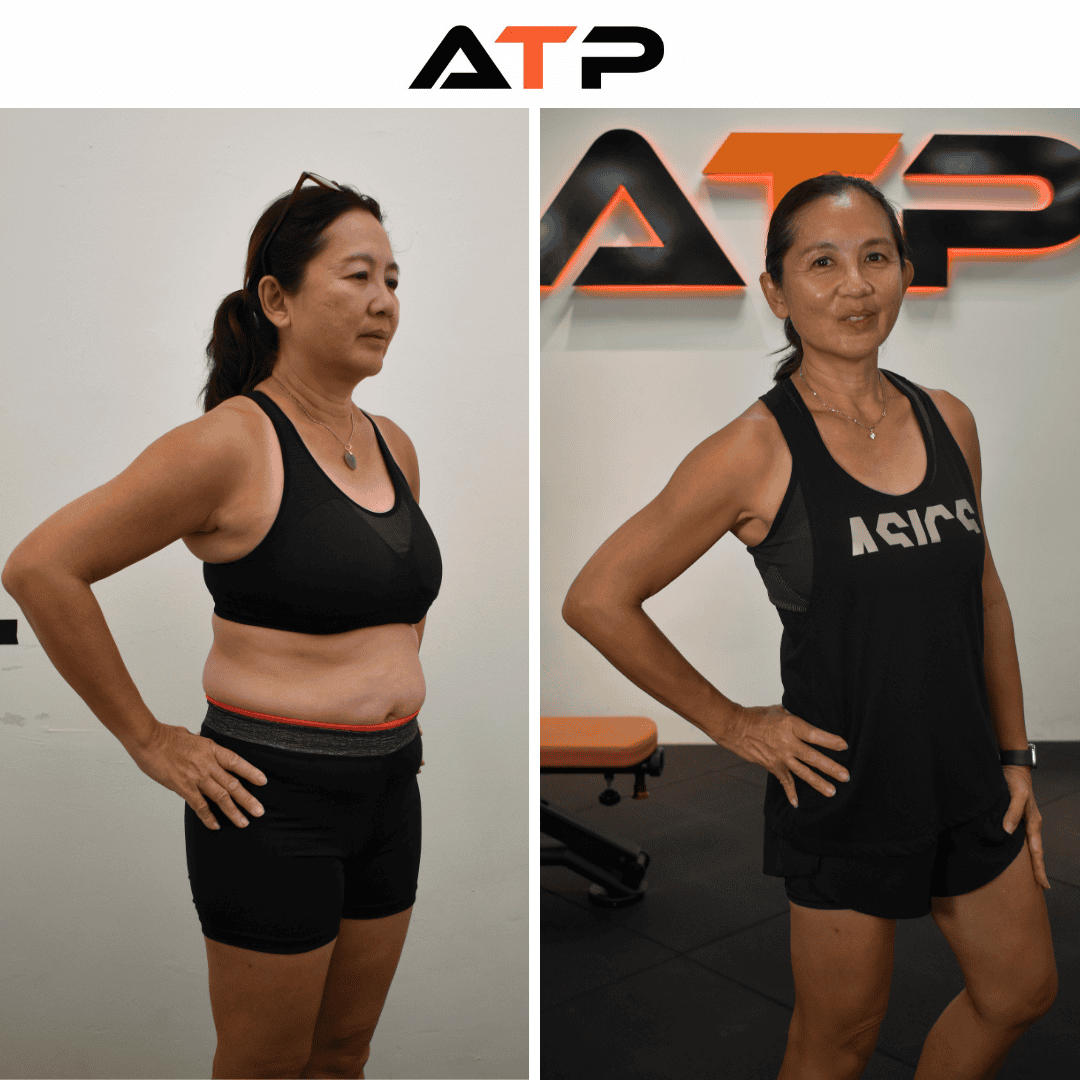 Shirley before and after 13kg weight loss transformation at ATP Personal Training Singapore
