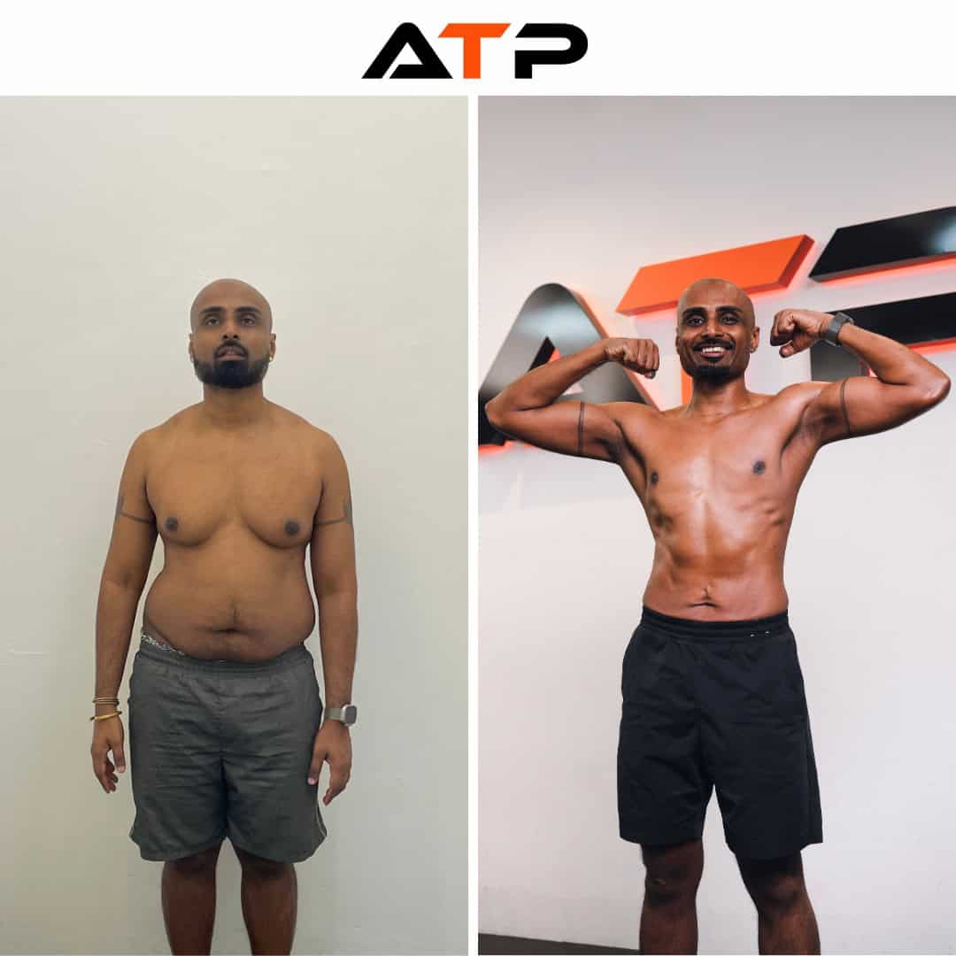 Vilvum before and after his 21kg transformation with ATP Personal Training Singapore