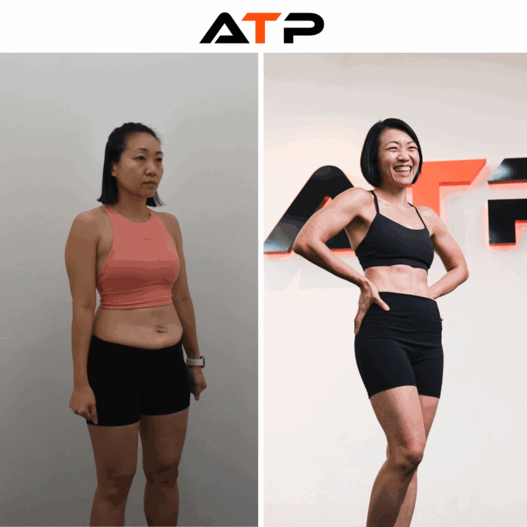 Amy before and after her 20-week body recomposition with ATP Personal Training Singapore